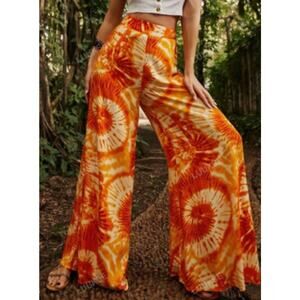 Luukse Orange Tie-Dye Wide Leg Flowy Pants Hippie Boho Festival Free Spirit